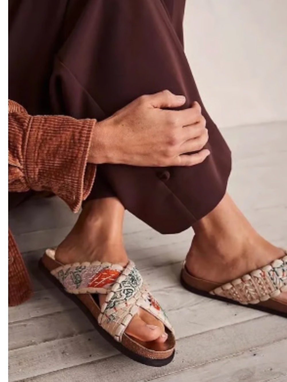Free People Braided Embroidered Slide Sandals in Beige and Orange